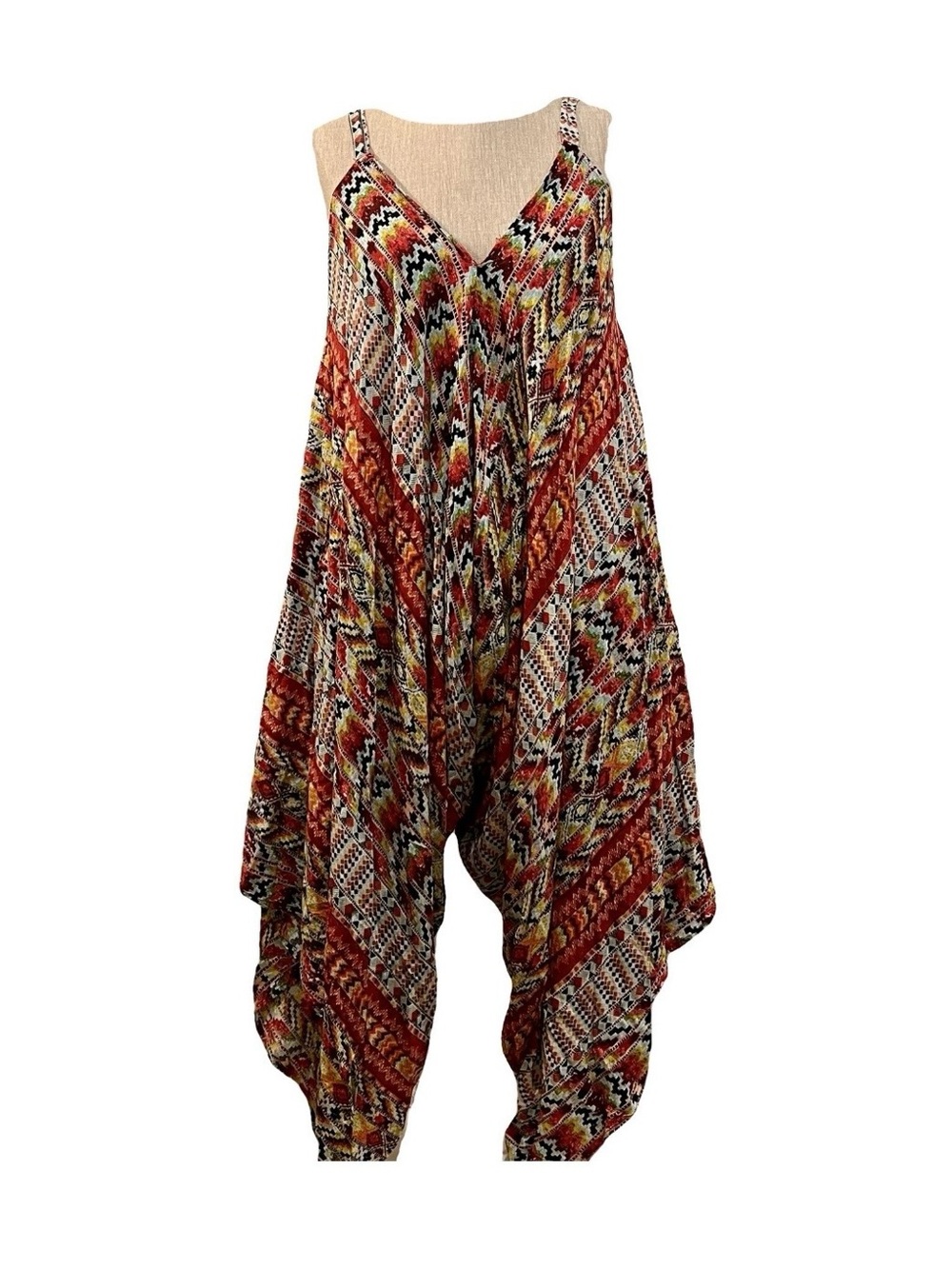 Umgee Boho Red Multi-Color Patterned Harem Jumpsuit. Size S